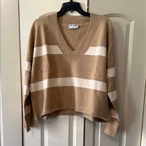 LNA Camel and White Striped V-Neck Sweater